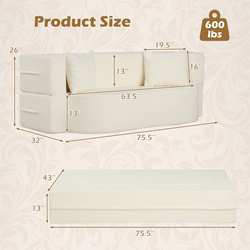 Gymax 75.5'' Folding Sofa Bed w/2 Comfortable Pillows No Assembly