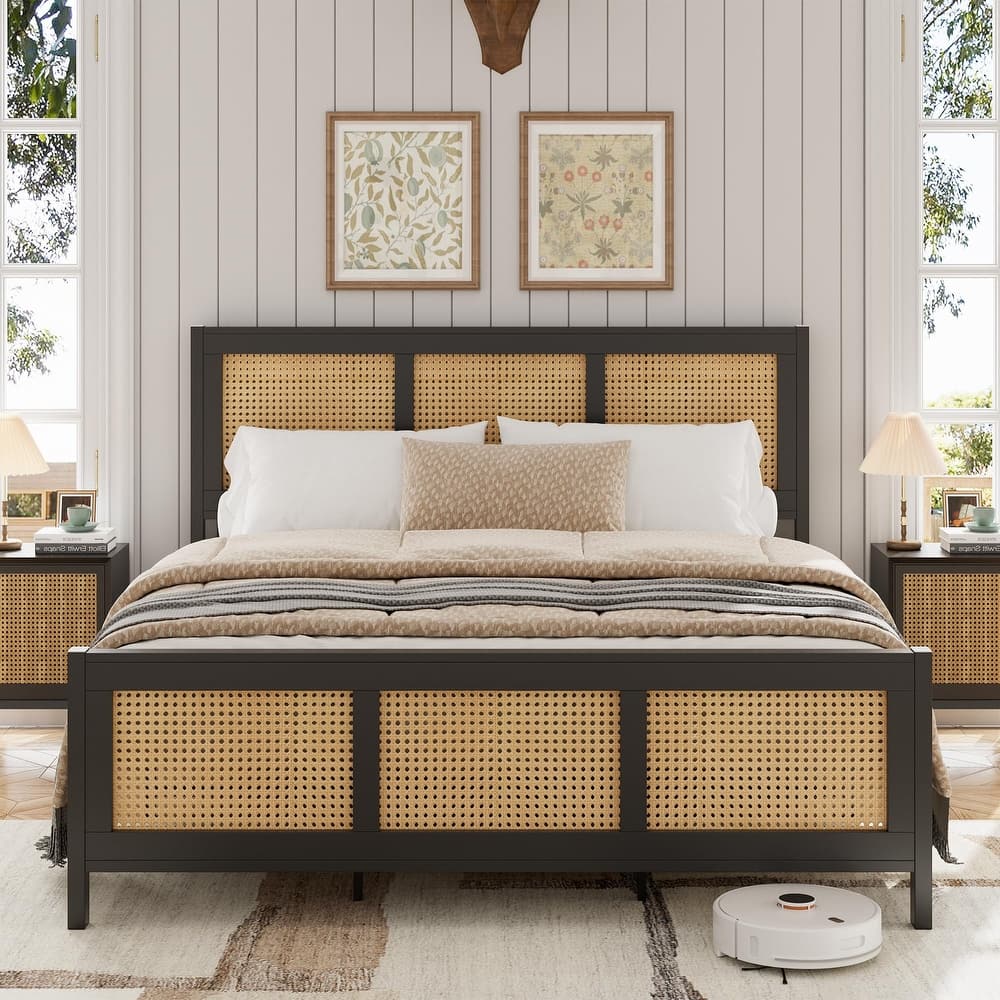 Rattan Bed Frame with Headboard, White Boho Cane Platform Bed Frame with Strong Metal Slat, Noise Free