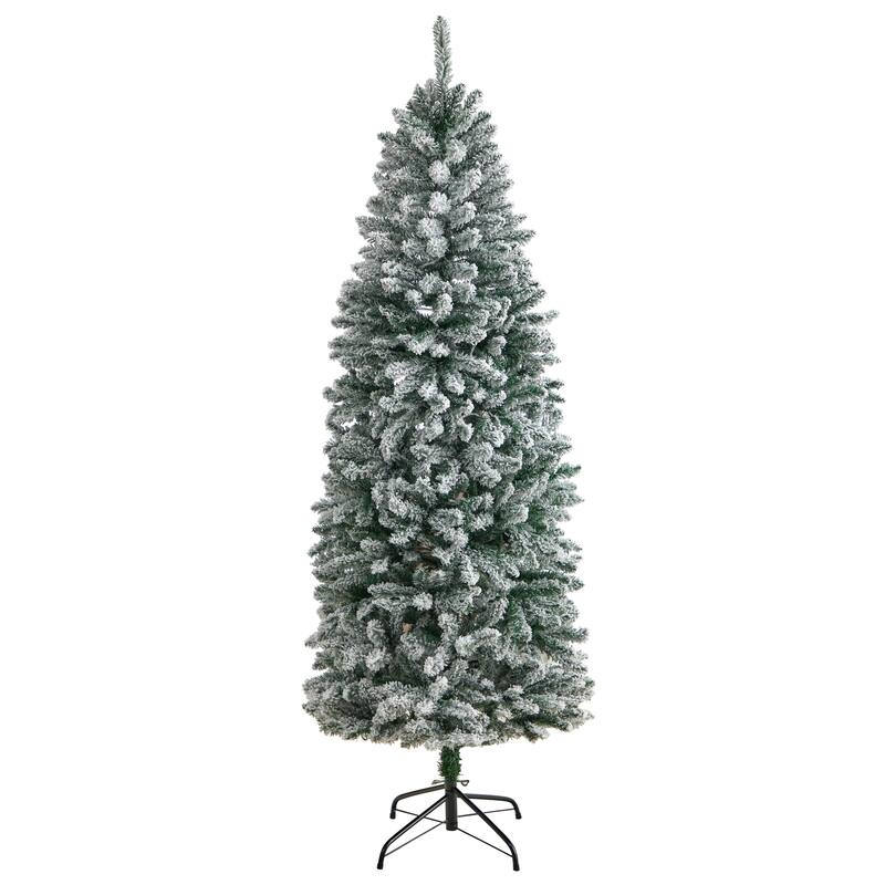 6' Pre-Lit Flocked Slim Montreal Artificial Christmas Tree, Warm Clear LED Lights - 6 Foot