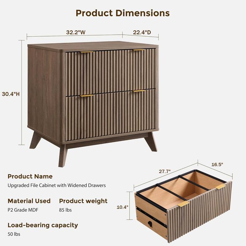 Modern Fluted 2 Drawer Lateral File Cabinet, Office Storage Cabinet