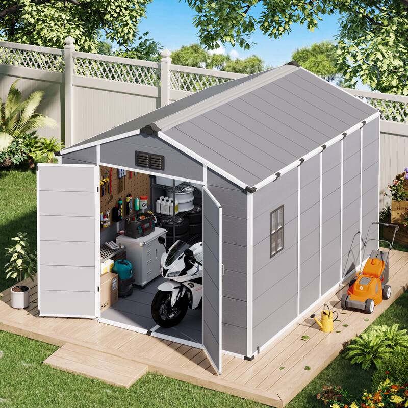EROMMY Outdoor Storage Shed with Built-In Floor, Lockable Double Doors & Sloped Roof, Gray/Black