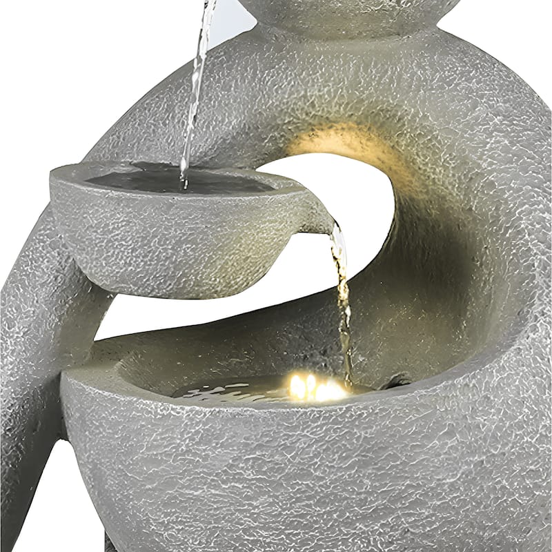 Gray Resin Modern Sculpture Pedestal Outdoor Fountain with LED Light