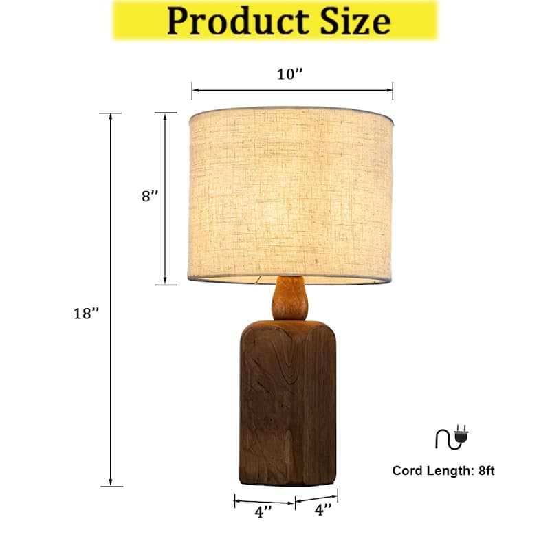 CraftHome Traditional Farmhouse Natural Solid Wood Table Lamp with Beige Fabri Drum Shade for Bedroom Living Room