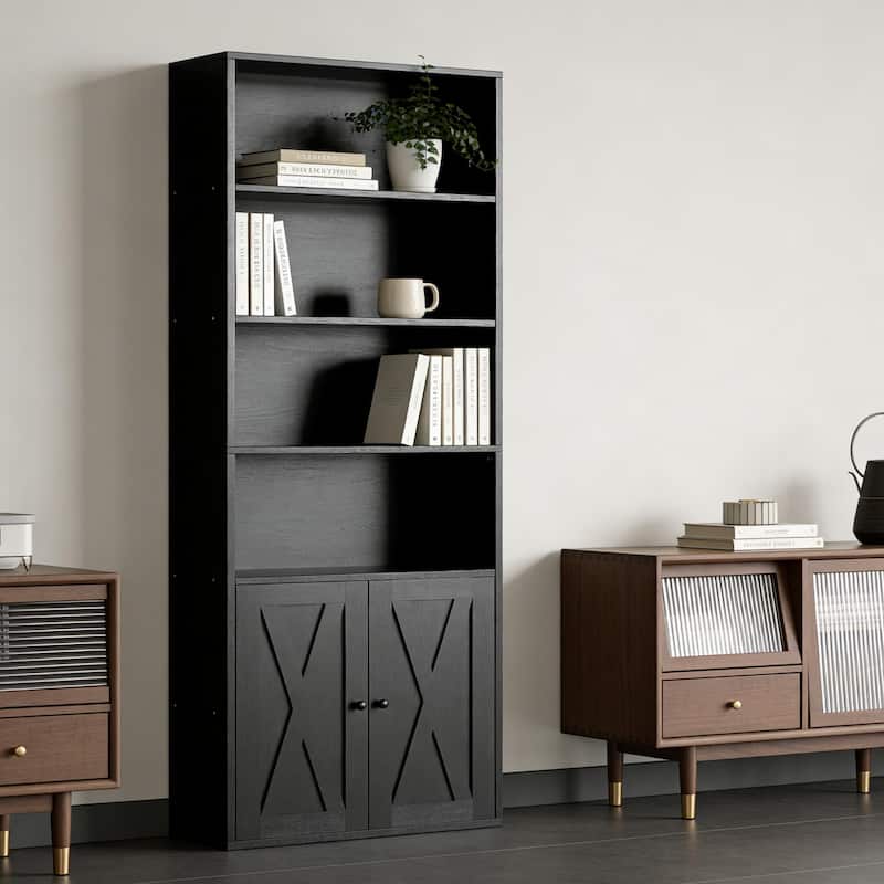 Futzca 6-Tier Farmhouse Bookcase, Storage Bookshelf with Doors