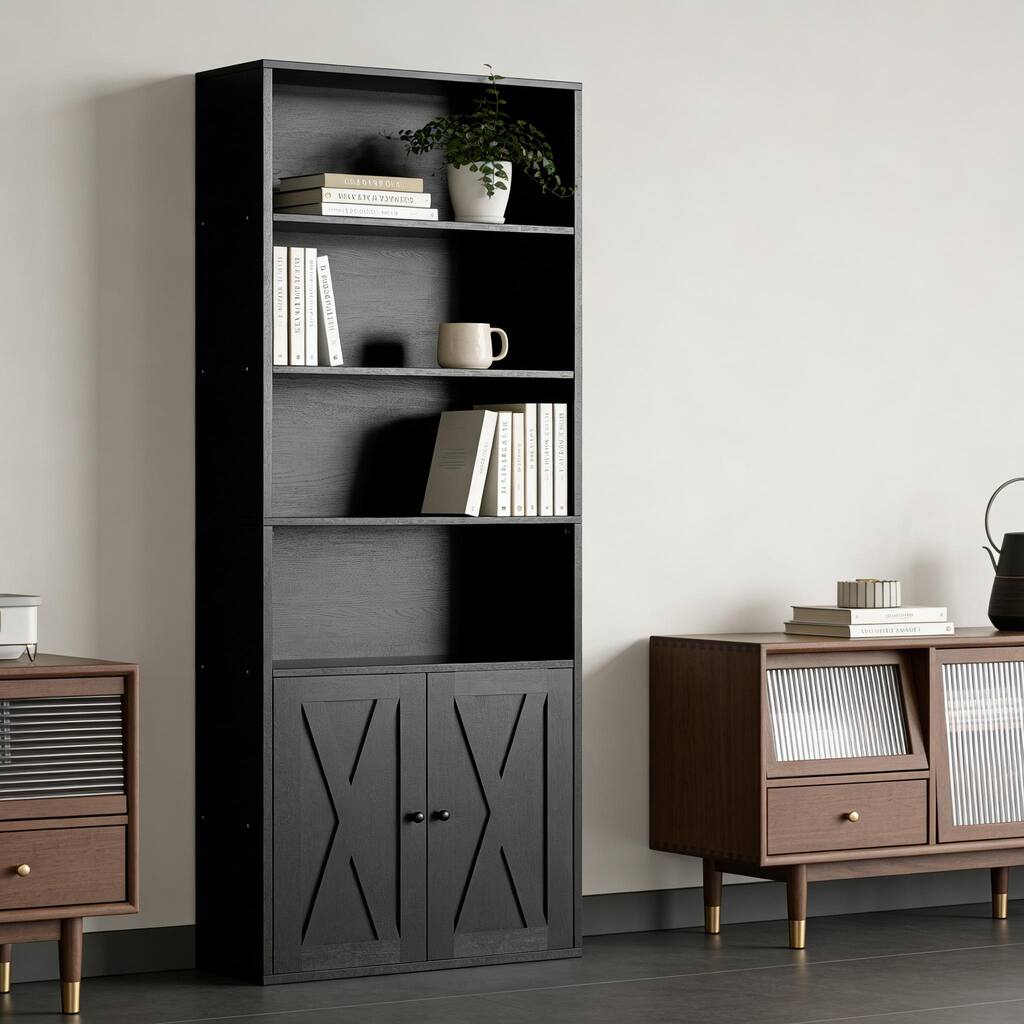 Futzca 6-Tier Farmhouse Bookcase, Storage Bookshelf with Doors