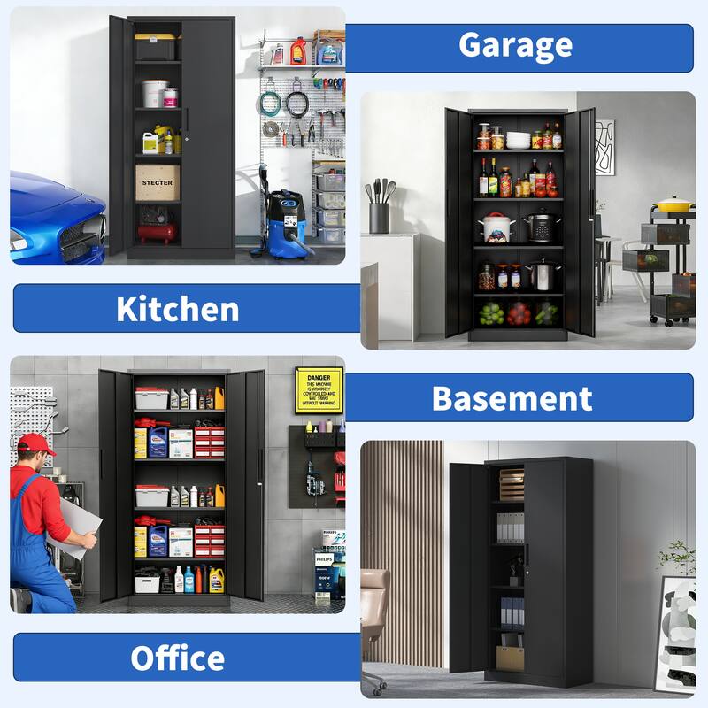 71"H Garage Storage Cabinet, Black Tool Steel Locking Cabinet with Doors and 4 Shelves, Tall Cabinets for Garage Storage Systems