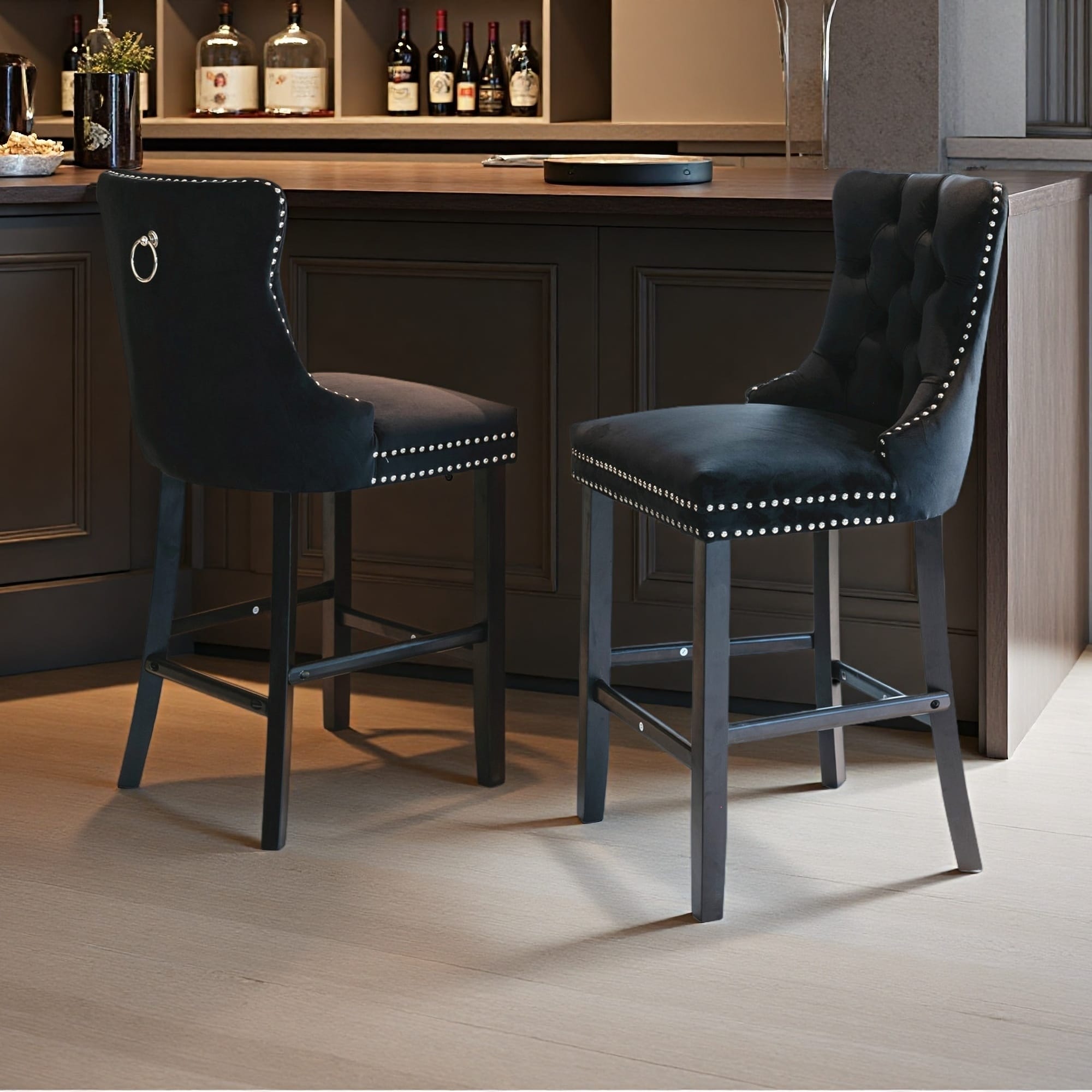 40.7"H Set of 2 Velvet Tufted Bar Stools with Nailhead Trim & Solid Wood Legs