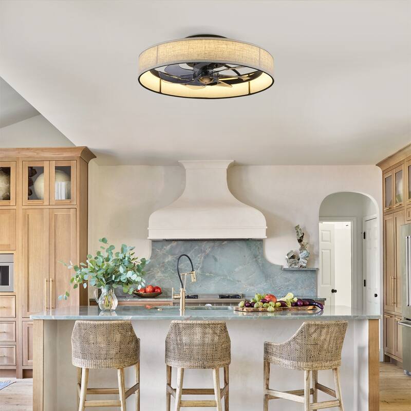 Cusp Barn 20" Farmhouse Flush Mount Ceiling Fan with Light, Quiet DC Motor Fabric Shade Fandelier Ceiling Fan For Living Room