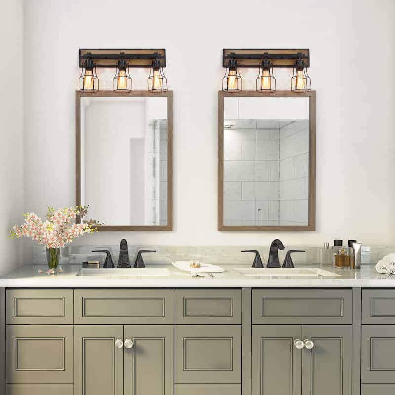 Ino Farmhouse 3-Light Wood Grain Bathroom Vanity Lights Wall Sconces - 21"L x 11.5"H x 6" D