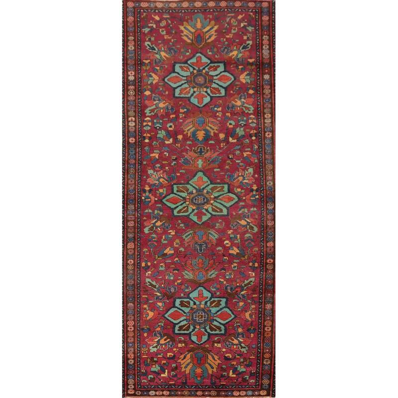 Hand Knotted Oriental 100% Wool Carpet Traditional Geometric Red Tabriz Runner Rug - 10' 9'' X 3' 6''