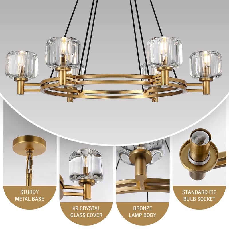 KAYLA 36 in. 6-Light Gold Farmhouse Wagon Wheel Chandelier with Crystal Lampshade