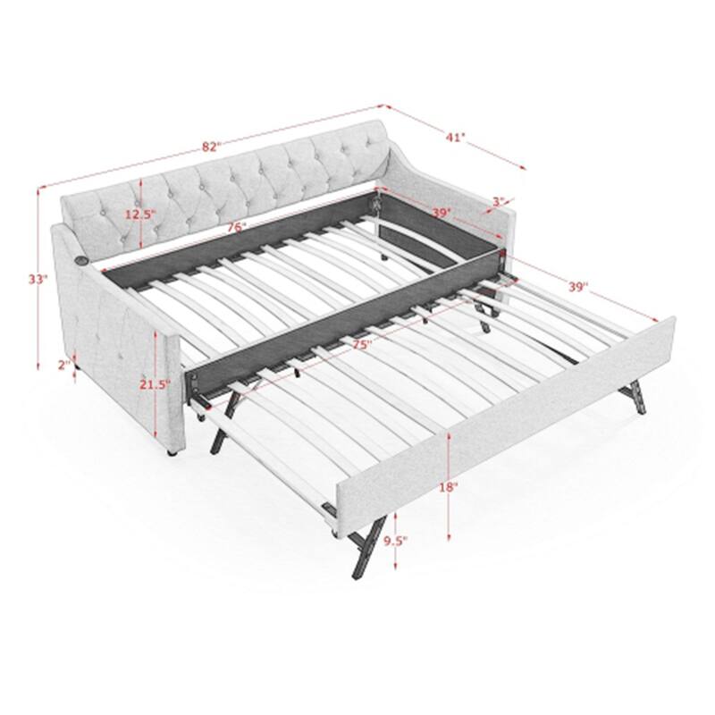 Upholstery Daybed with Erectable Trundle and USB Charging