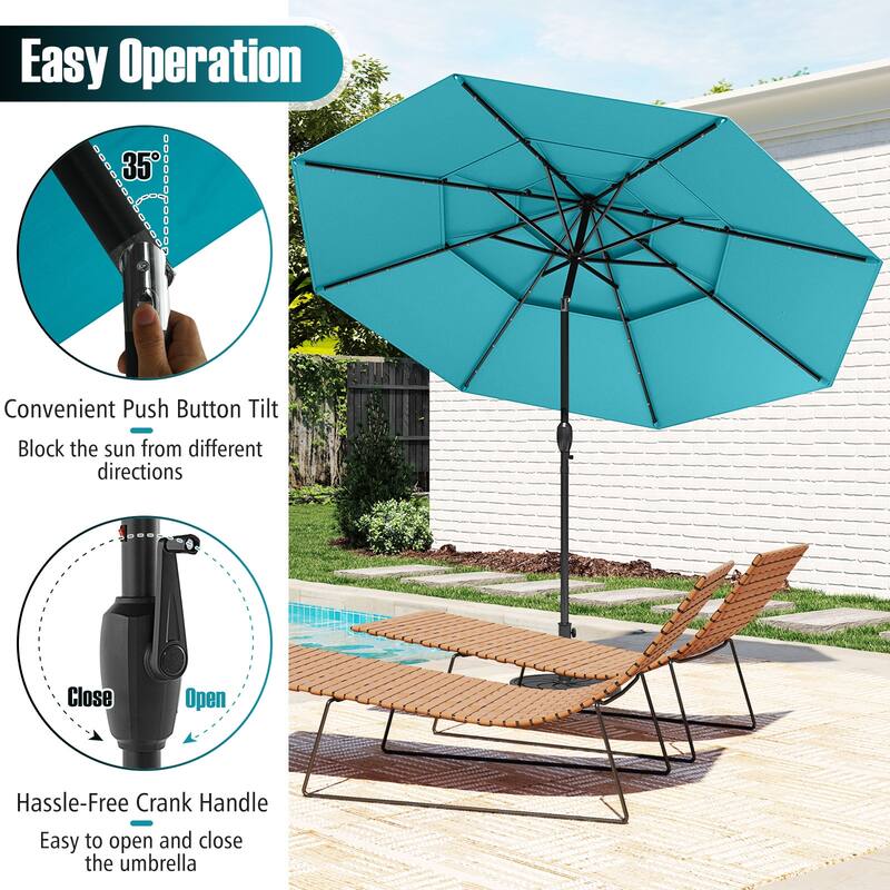 Gymax 10 FT Solar Patio Umbrella w/ 32 LED Lights 3-Tier Vented Top