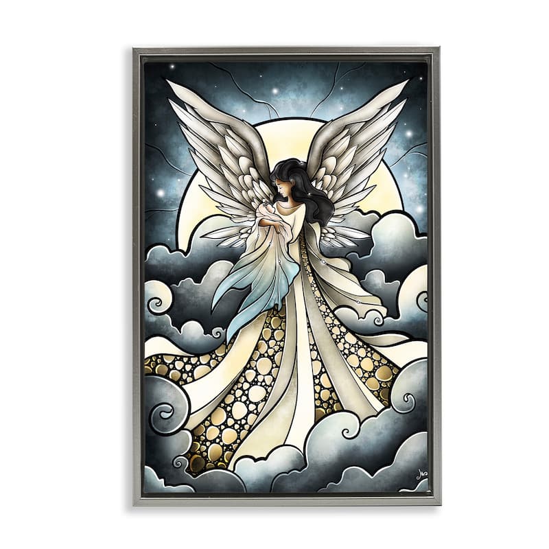 Stupell Classic Angel & Baby in Clouds Framed Floater Canvas Wall Art Design By Mandie Manzano - 17 x 25 - Grey