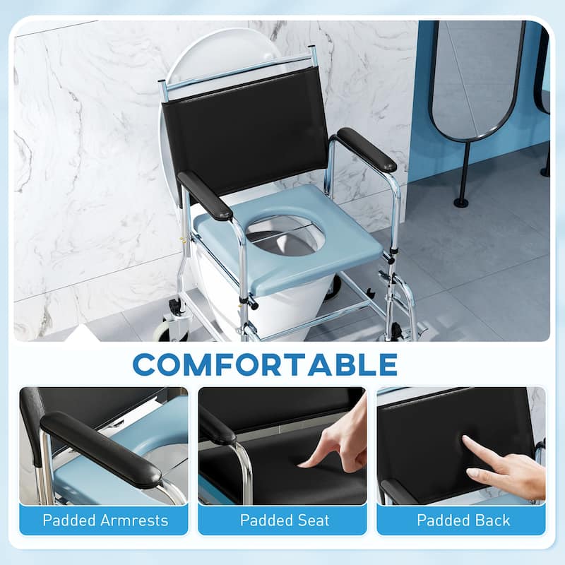 HOMCOM Rolling Shower Chair with Wheels, Bedside Commode Wheelchair with Padded Seat, Backrest, for Handicap