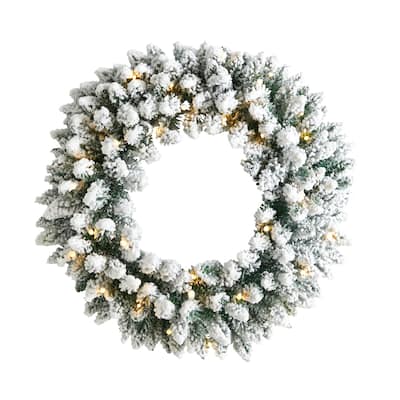 24" Flocked Artificial Christmas Wreath with 35 Warm White LED Lights - Green - 24