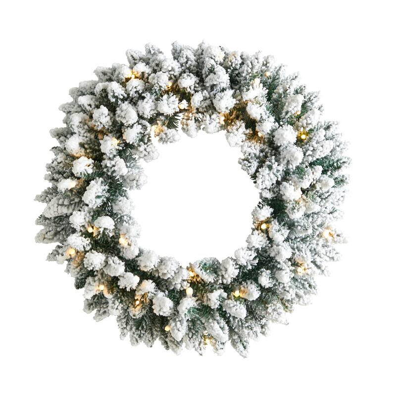 Flocked Artificial Christmas Wreath, 24-", Warm White LED Lights