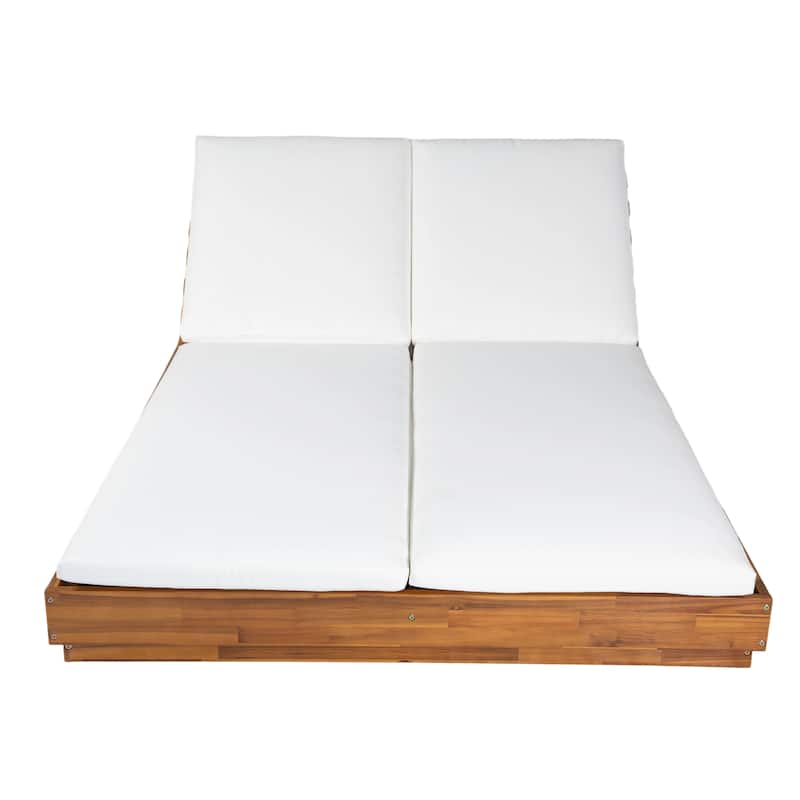 Christopher Knight Home - Outdoor Acacia Wood Double Chaise Lounge with Adjustable Backrest and Concrete Side Table