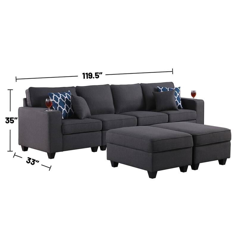 Linen Upholstered Linen 4-Seater Sofa with 2 Ottomans in Dark Gray
