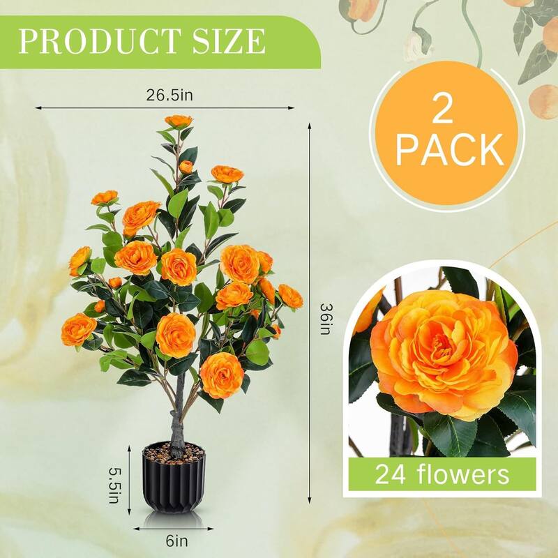 2 Pack Artificial Camellia Tree, Faux Plant with Orange Flowers - 2 Packs