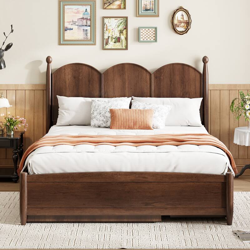 Queen Size Platform Bed with Curved Headboard, 2 Large Side Drawers & Twin XL Pull-Out Trundle Bed