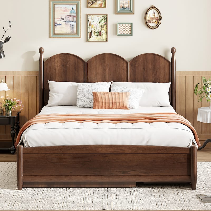 Rustic Wooden Platform Bed Frame with Twin XL Trundle & 2 Storage Drawers/Queen Size Bed Frame with Curved Headboard & Rounded - Walnut - Queen