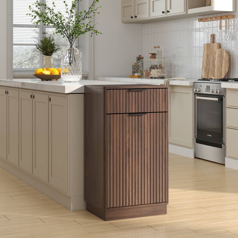 10-Gallon Woodgrain Tilt-Out Trash Can Cabinet Wooden Garbage Recycling Cabinet with Wave-Textured Hideaway Drawer&Pull-Out Bin