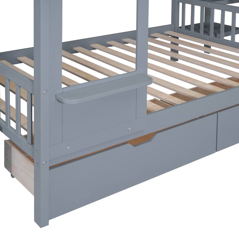 Full-Over-Full Castle Bunk Bed with 2 Drawers Shelves and Slide, Fairytale-Like Atmosphere for Your Lovely Litter Princess