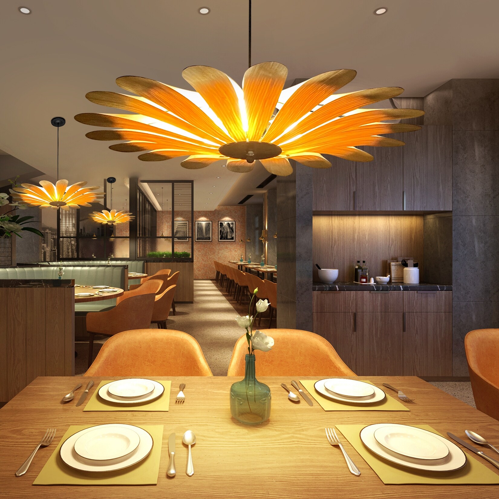 Set of 2 Flower Shaped Pastoral Ceiling Lamp Slim Wood Art