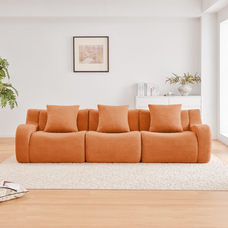 High-Quality Teddy Fabric Boneless Sofa Couches, No Assembly Required - Orange - 3Seater
