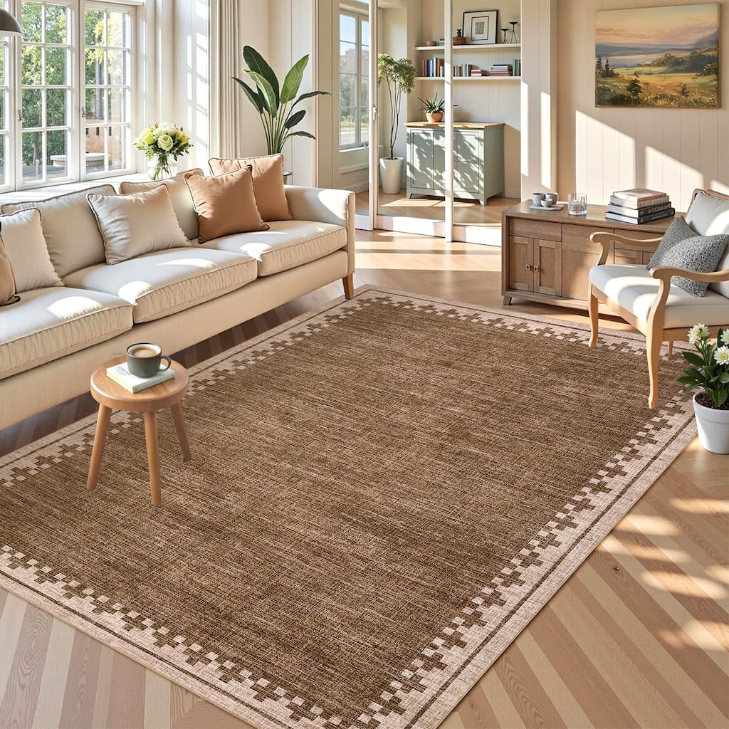 Garvee Modern Check Border Washable Area Rug