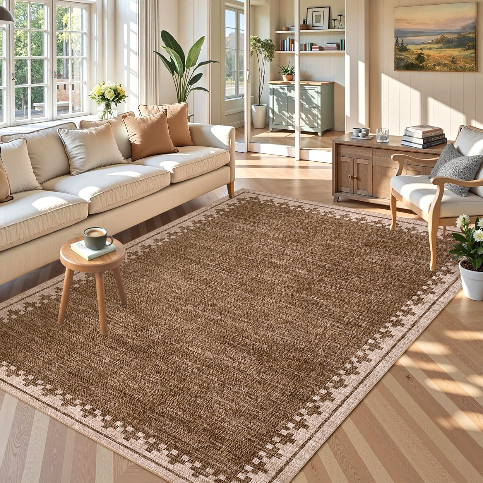 Garvee Modern Check Border Washable Area Rug