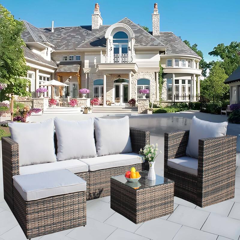 Outdoor 4-Piece PE Rattan Wicker Cushioned Sofa Set and Coffee Table