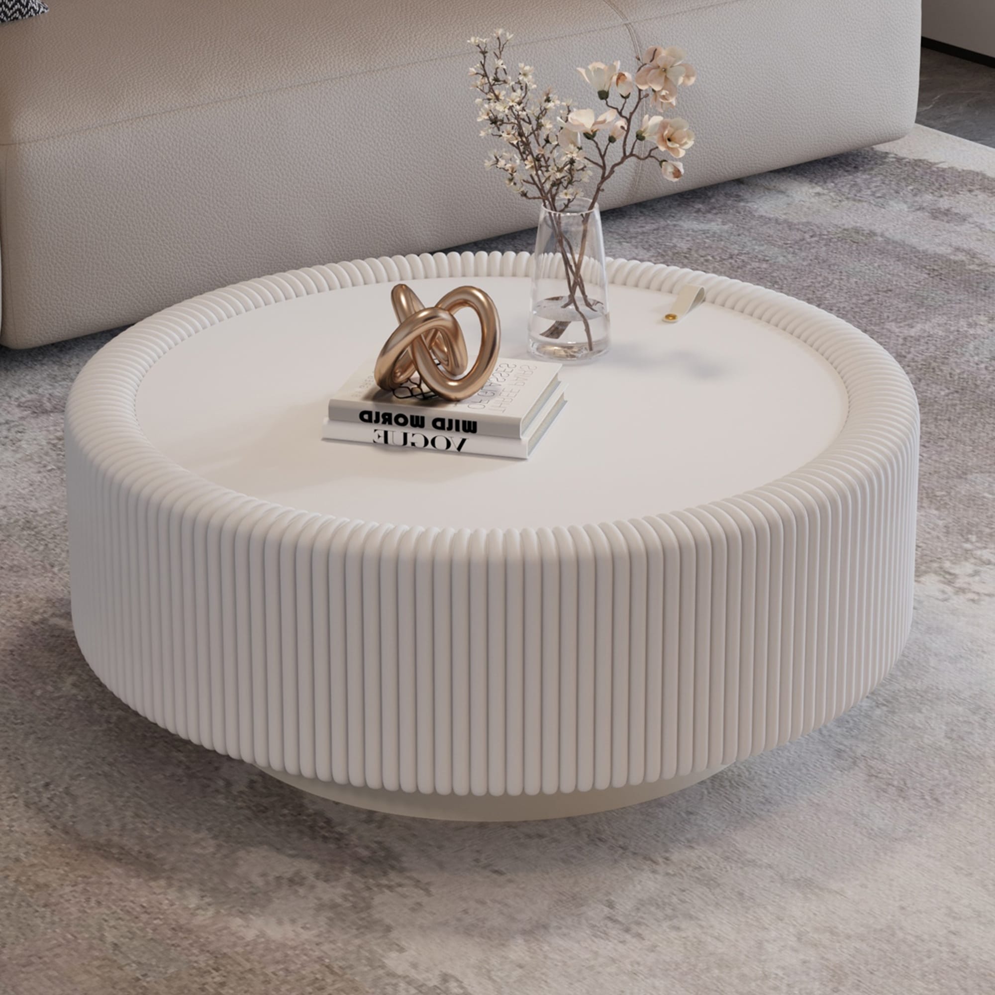 Round Fluted Coffee Table with Tempered Glass Top, PU Leather Body, Baked Enamel Metal Base & Hidden Storage
