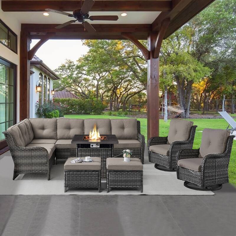 Gymojoy 6-Piece Outdoor Wicker Patio Furniture with Fire Pit and L-shaped Sectional Sofa, Coversation Set with Thick Cushions - Grey Wicker / Grey Cusion - 6-Piece