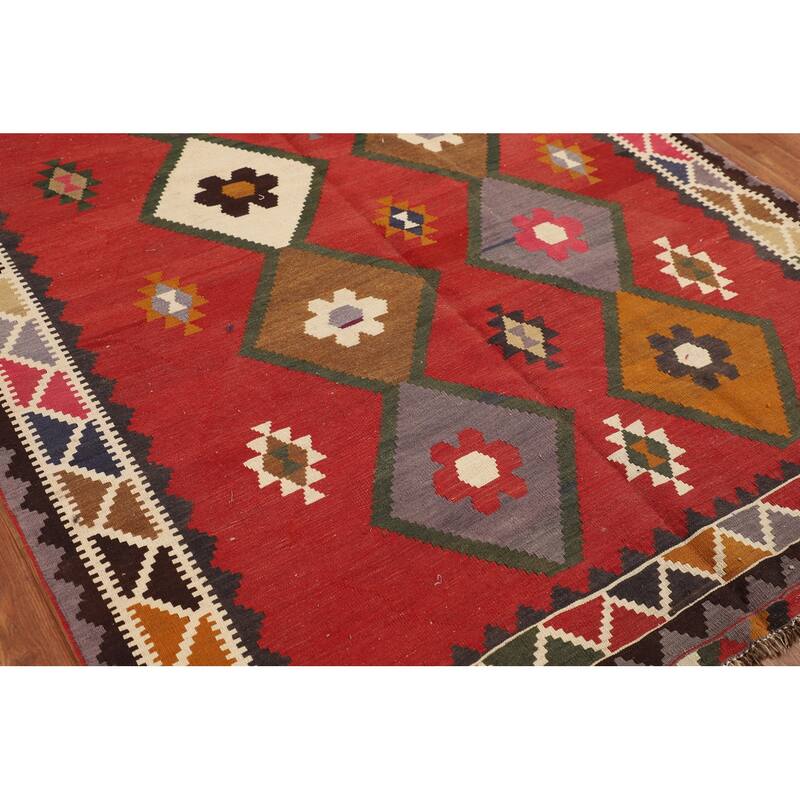 Geometric Kilim Qashqai Persian Vintage Rug Flatweave Wool Carpet - 5'4"x 8'0"