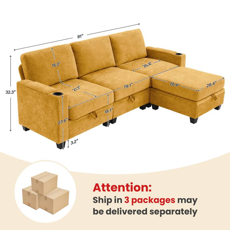 Chenille Sectional Sofa, Hidden Storage & Modular Design