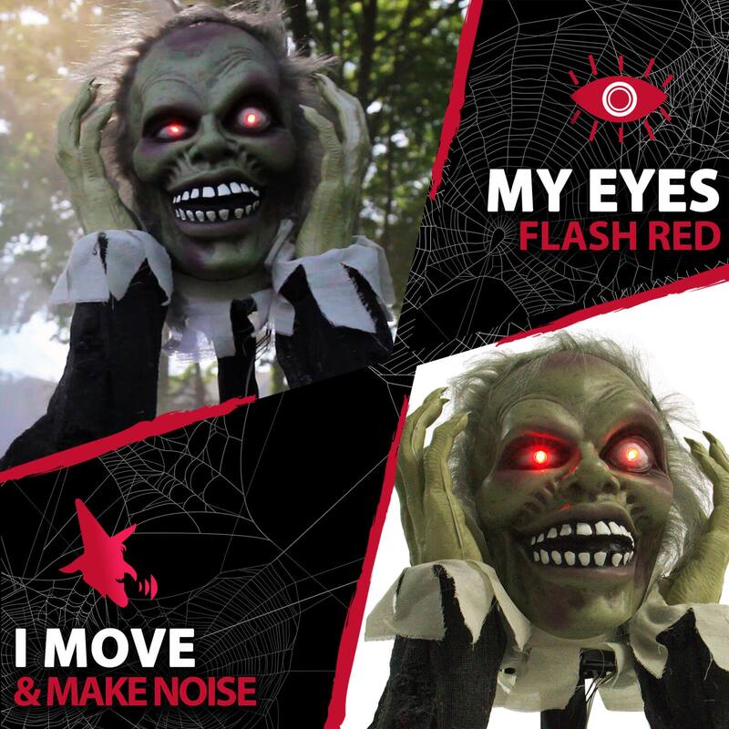 Haunted Hill Farm 22 In. Pop-Up Animatronic Ghoul, Indoor/Outdoor Halloween Decoration, Flashing Red Eyes, Battery-Operated