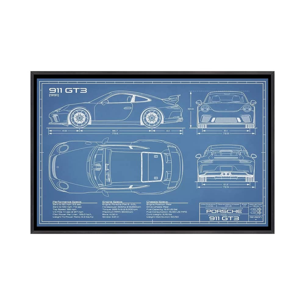 iCanvas "Porsche 911 GT3 (991) Blueprint" by Action Blueprints Framed