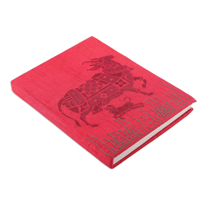Novica Handmade Kamadhenu In Pink Rayon Embroidered Journal