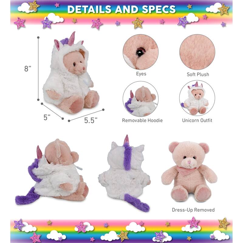 DolliBu Baby Pink Bear Unicorn Plush Stuffed Animal w/ Unicorn Outfit - 8.5 inches