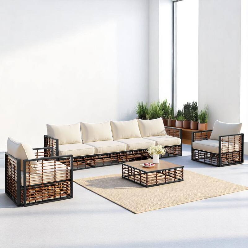 7-Piece Outdoor Sofa Set with All-Weather Garden Conversational Furniture Set, Cushions-Patio Sectional Sofa Set - White+brown
