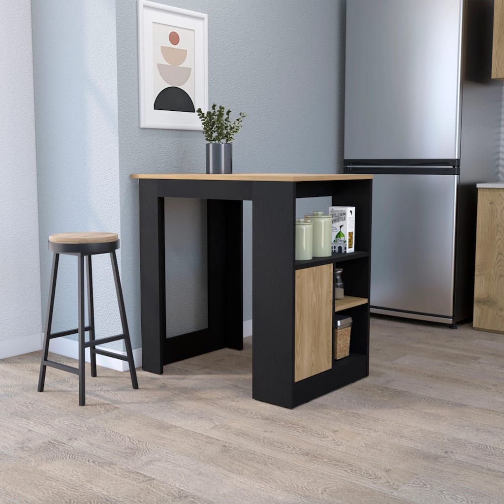 Black and Natural Oak 1-Door Kitchen Island with Open Storage