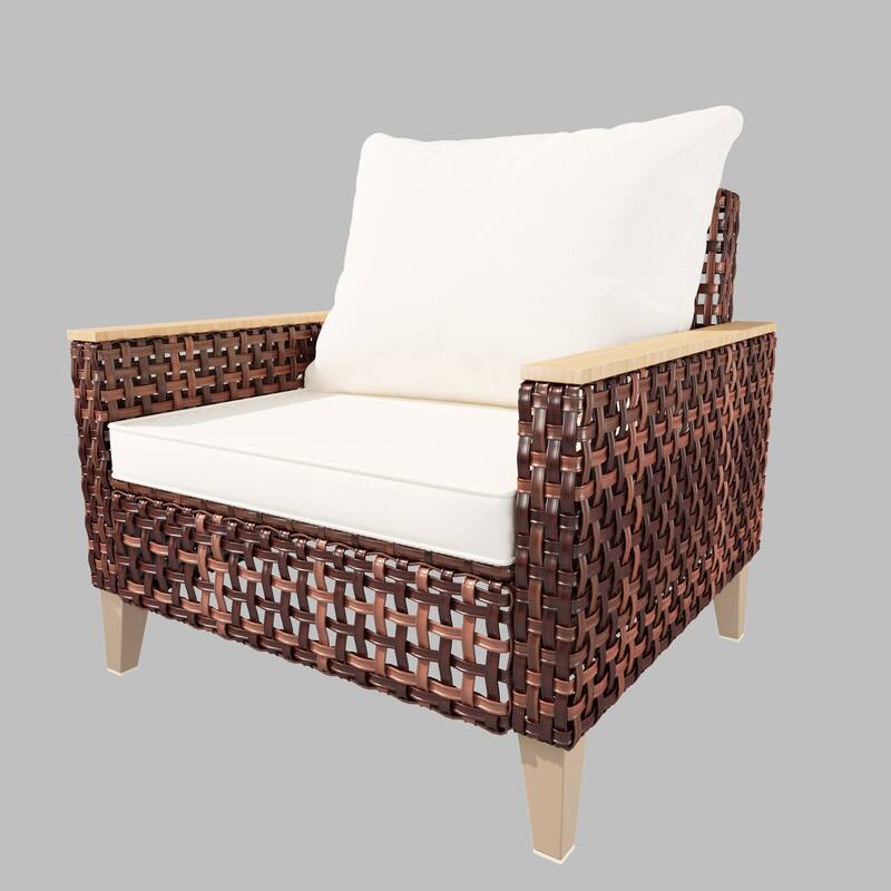 Modular Outdoor Rattan Sofa Set with Wooden Armrests and Footstool, Patio Sectional Sofa with Removable Cushions