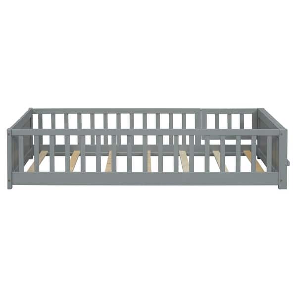 Montessori Twin Floor Bed With Door & Guardrails - Low Profile Kids Platform Bed With Removable Slats