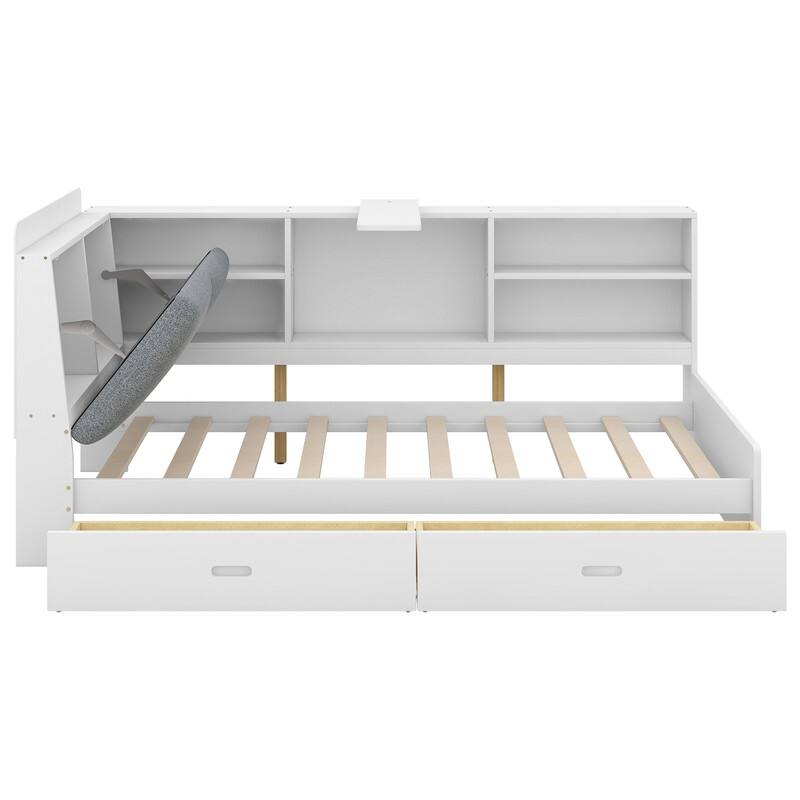 Wood Twin Size platform bed with Storage Headboard, Shelves and 2 Drawers