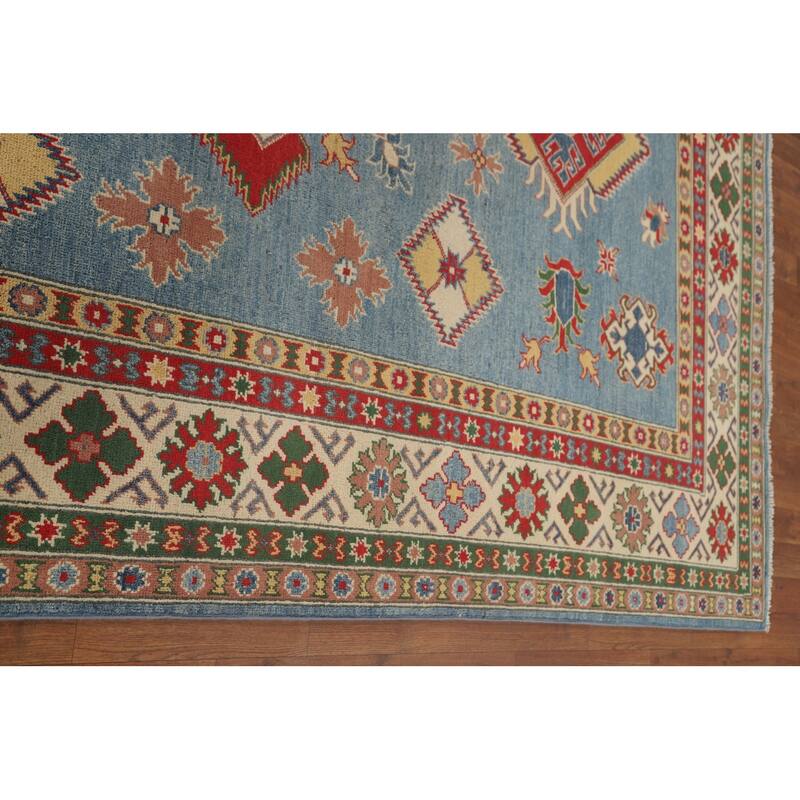 Blue Geometric Kazak Area Rug Hand-Knotted Traditional Wool Carpet - 6'8" x 9'9"