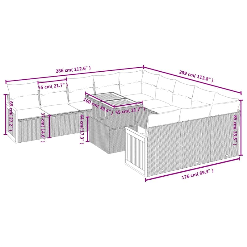 vidaXL 11 Piece Patio Sofa Set with Cushions Black/Gray Poly Rattan - 21.7 x 24.4 x 27.2
