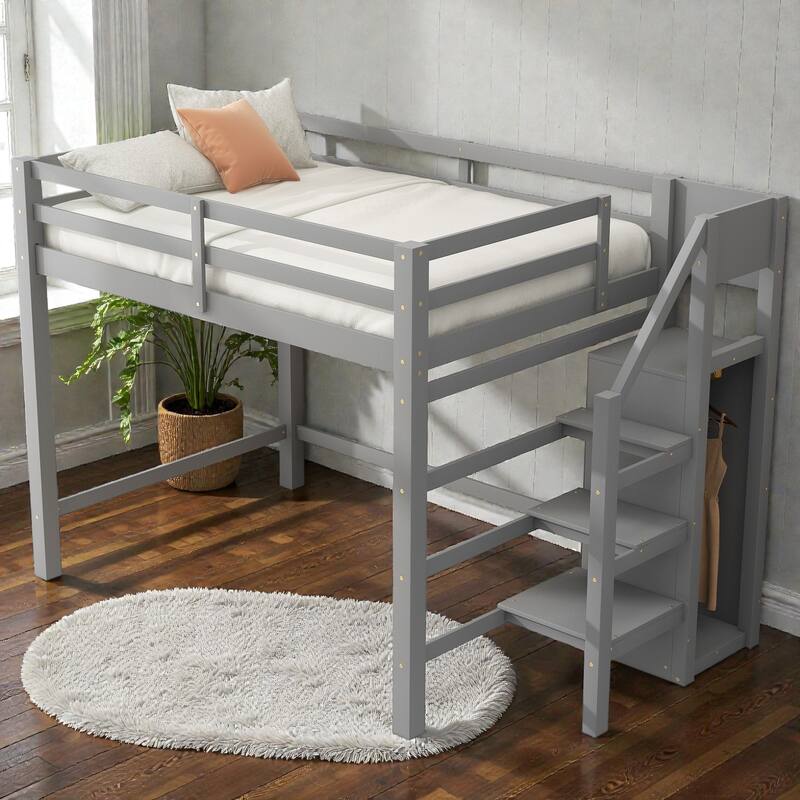 Full Size Loft Bed with Built-in Storage Wardrobe and Staircase, Solid Wood Space-Saving Loft Frame