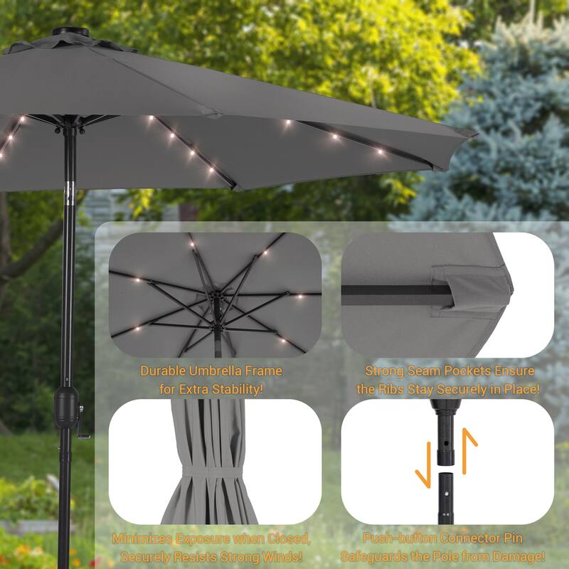 LIVOOSUN 9Ft Solar-powered Large Round Outdoor Patio Market Umbrella with Crank